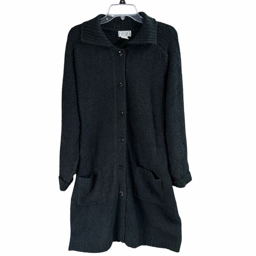Jennifer Moore Black Button Up Belted Sweater Cardigan Womens Large Classic Chic